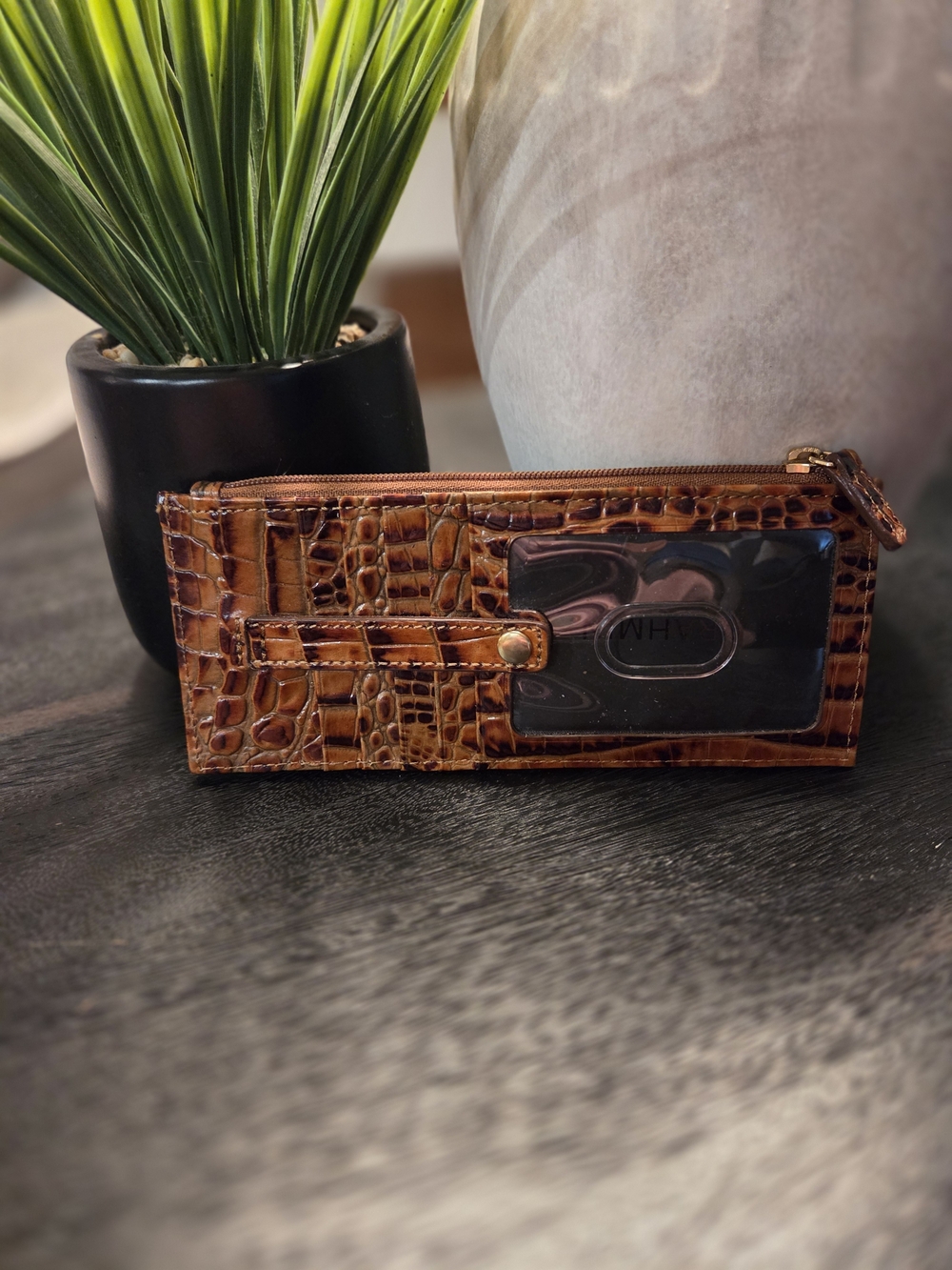 Croc-Embossed Brown BRAHMIN Leather Card Wallet with ID Window
